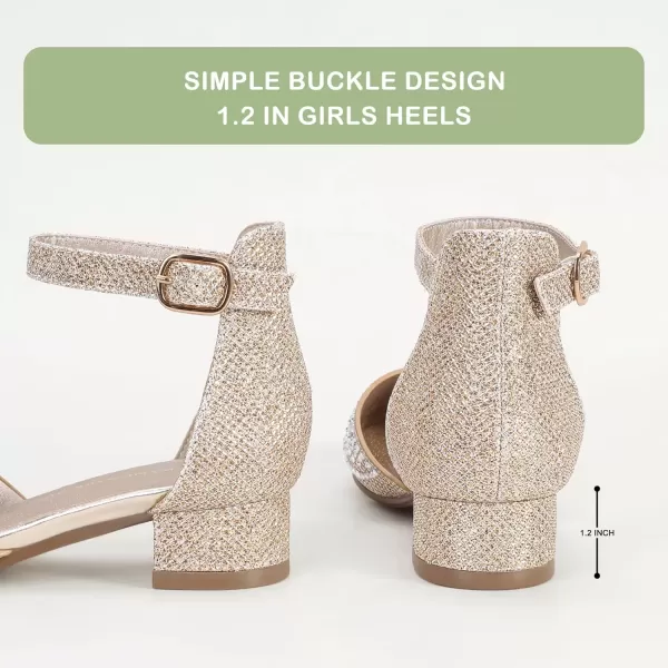 imagePANDANINJIA Girls Heels Dress Shoes Flower Girl Closed Toe Heels Ankle Strap Wedding Party School Miya Toddler Little Big Kid Pump ShoesM Gold Rhinestone
