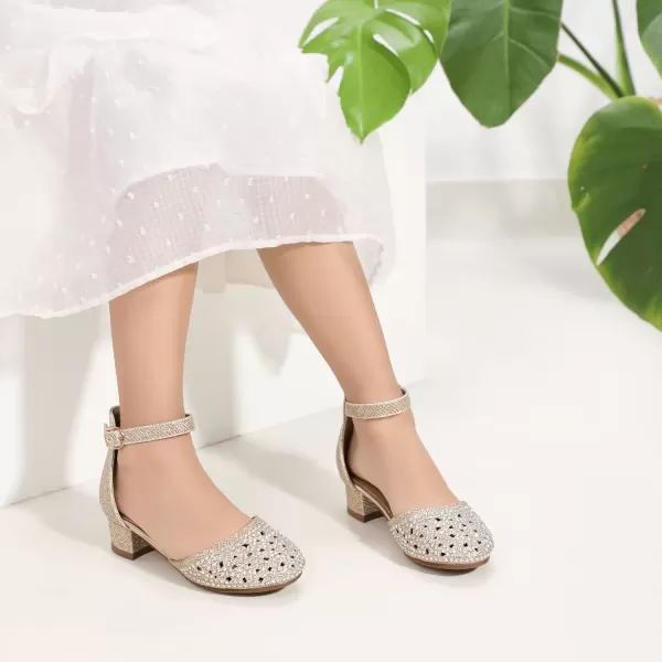 imagePANDANINJIA Girls Heels Dress Shoes Flower Girl Closed Toe Heels Ankle Strap Wedding Party School Miya Toddler Little Big Kid Pump ShoesM Gold Rhinestone