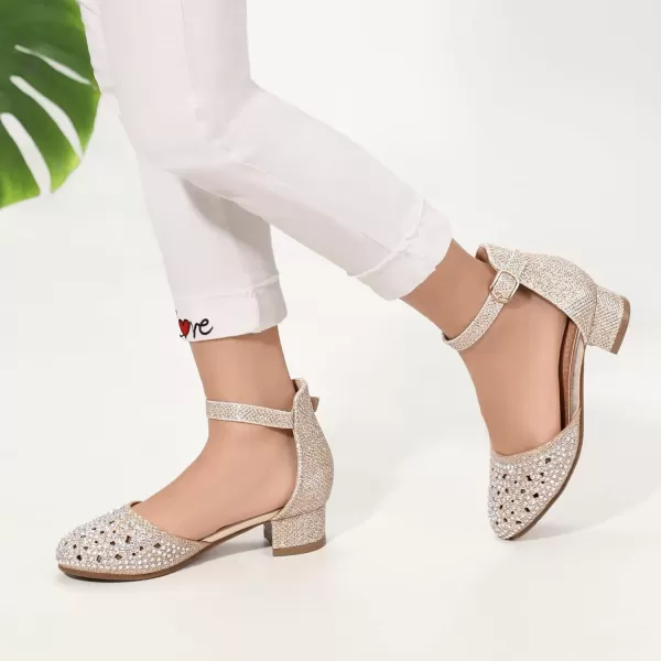 imagePANDANINJIA Girls Heels Dress Shoes Flower Girl Closed Toe Heels Ankle Strap Wedding Party School Miya Toddler Little Big Kid Pump ShoesM Gold Rhinestone