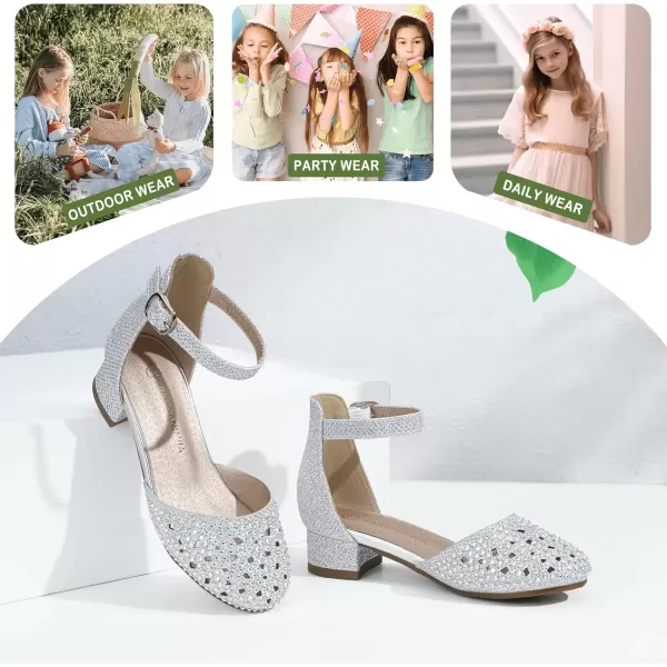 imagePANDANINJIA Girls Heels Dress Shoes Flower Girl Closed Toe Heels Ankle Strap Wedding Party School Miya Toddler Little Big Kid Pump ShoesM Silver Rhinestone