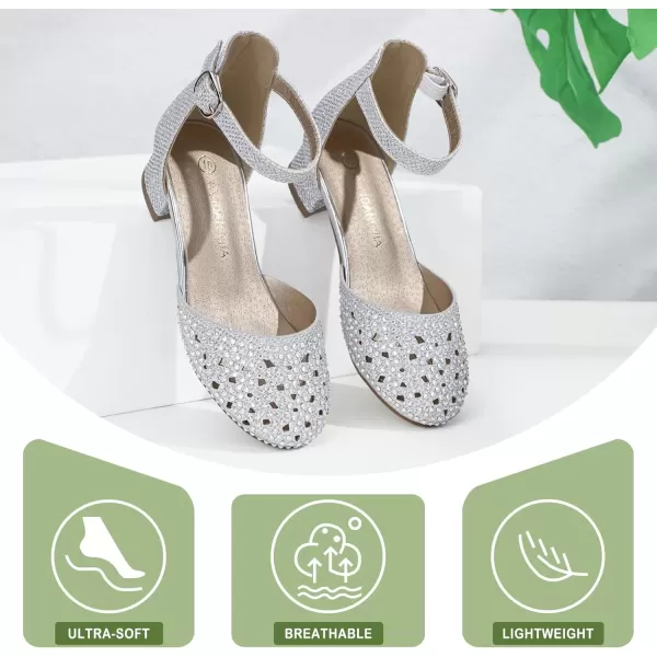 imagePANDANINJIA Girls Heels Dress Shoes Flower Girl Closed Toe Heels Ankle Strap Wedding Party School Miya Toddler Little Big Kid Pump ShoesM Silver Rhinestone