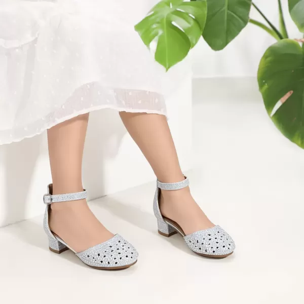 imagePANDANINJIA Girls Heels Dress Shoes Flower Girl Closed Toe Heels Ankle Strap Wedding Party School Miya Toddler Little Big Kid Pump ShoesM Silver Rhinestone