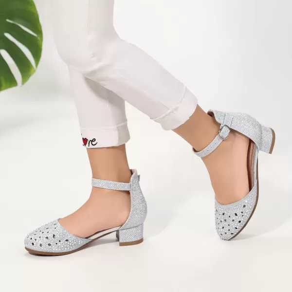 imagePANDANINJIA Girls Heels Dress Shoes Flower Girl Closed Toe Heels Ankle Strap Wedding Party School Miya Toddler Little Big Kid Pump ShoesM Silver Rhinestone
