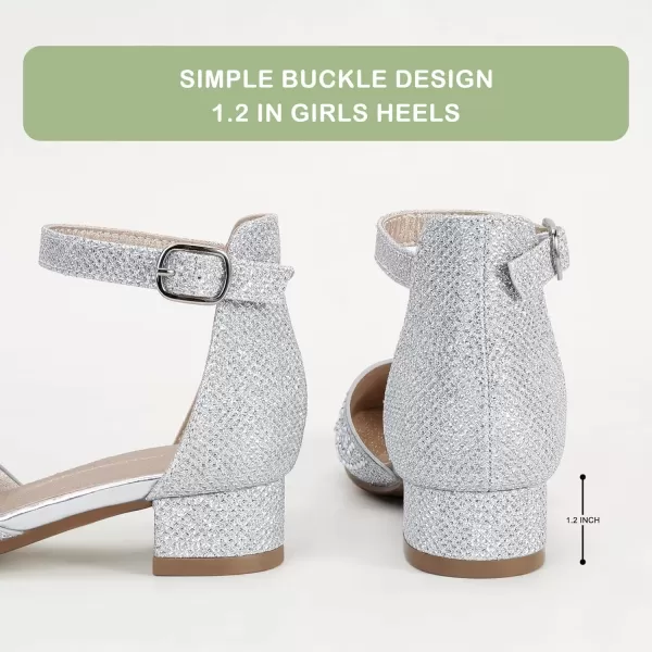 imagePANDANINJIA Girls Heels Dress Shoes Flower Girl Closed Toe Heels Ankle Strap Wedding Party School Miya Toddler Little Big Kid Pump ShoesM Silver Rhinestone