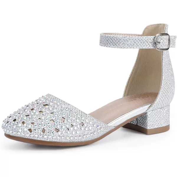 imagePANDANINJIA Girls Heels Dress Shoes Flower Girl Closed Toe Heels Ankle Strap Wedding Party School Miya Toddler Little Big Kid Pump ShoesM Silver Rhinestone