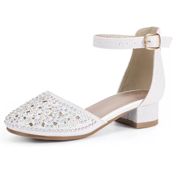 imagePANDANINJIA Girls Heels Dress Shoes Flower Girl Closed Toe Heels Ankle Strap Wedding Party School Miya Toddler Little Big Kid Pump ShoesM White Rhinestone
