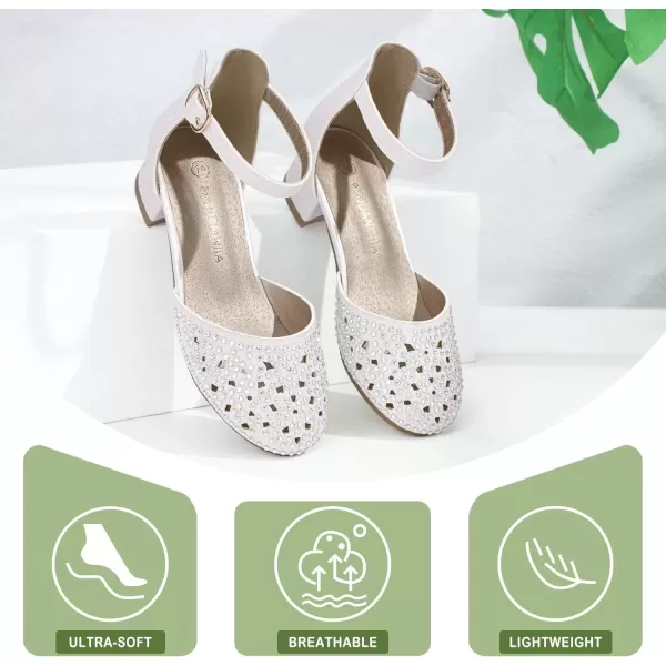 imagePANDANINJIA Girls Heels Dress Shoes Flower Girl Closed Toe Heels Ankle Strap Wedding Party School Miya Toddler Little Big Kid Pump ShoesM White Rhinestone