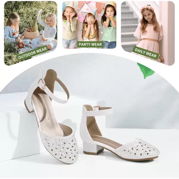 imagePANDANINJIA Girls Heels Dress Shoes Flower Girl Closed Toe Heels Ankle Strap Wedding Party School Miya Toddler Little Big Kid Pump ShoesM White Rhinestone