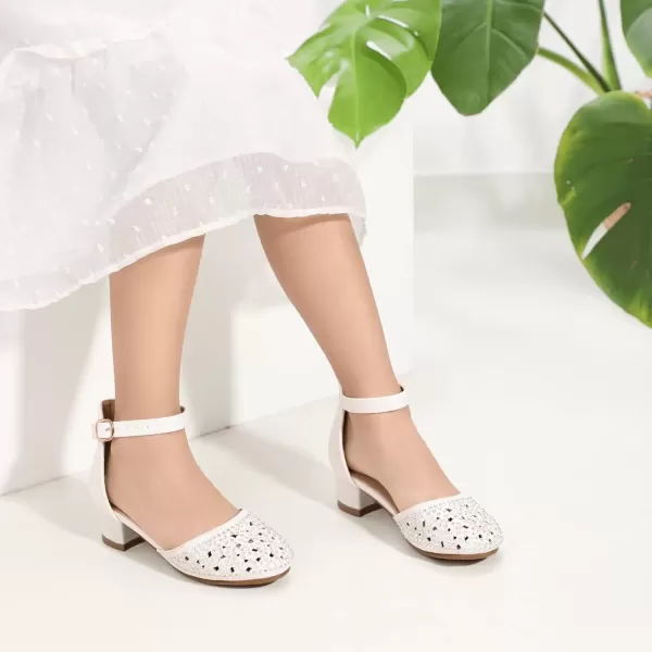 imagePANDANINJIA Girls Heels Dress Shoes Flower Girl Closed Toe Heels Ankle Strap Wedding Party School Miya Toddler Little Big Kid Pump ShoesM White Rhinestone