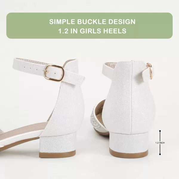imagePANDANINJIA Girls Heels Dress Shoes Flower Girl Closed Toe Heels Ankle Strap Wedding Party School Miya Toddler Little Big Kid Pump ShoesM White Rhinestone