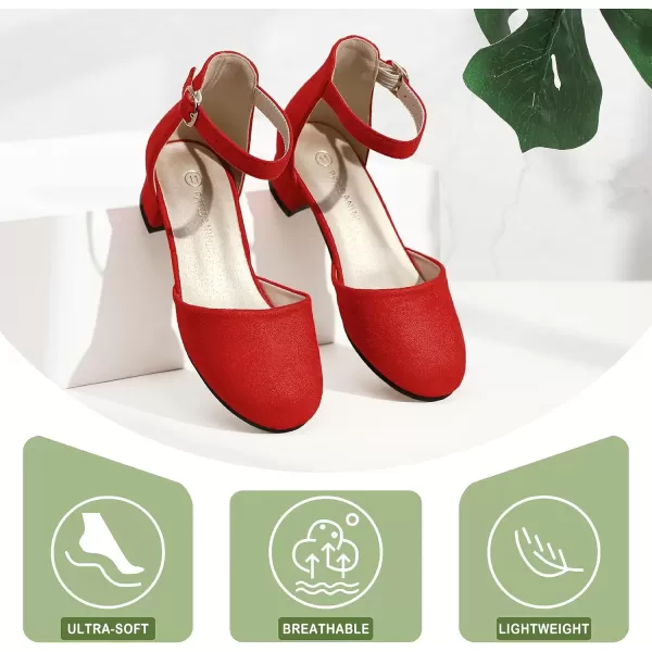 imagePANDANINJIA Girls Heels Dress Shoes Flower Girl Closed Toe Heels Ankle Strap Wedding Party School Miya Toddler Little Big Kid Pump ShoesRed Suede