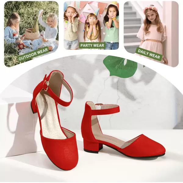 imagePANDANINJIA Girls Heels Dress Shoes Flower Girl Closed Toe Heels Ankle Strap Wedding Party School Miya Toddler Little Big Kid Pump ShoesRed Suede