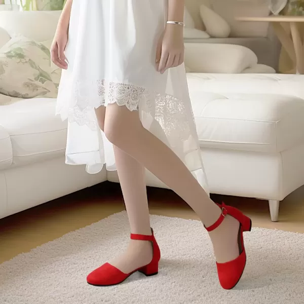 imagePANDANINJIA Girls Heels Dress Shoes Flower Girl Closed Toe Heels Ankle Strap Wedding Party School Miya Toddler Little Big Kid Pump ShoesRed Suede