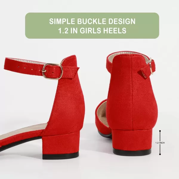imagePANDANINJIA Girls Heels Dress Shoes Flower Girl Closed Toe Heels Ankle Strap Wedding Party School Miya Toddler Little Big Kid Pump ShoesRed Suede