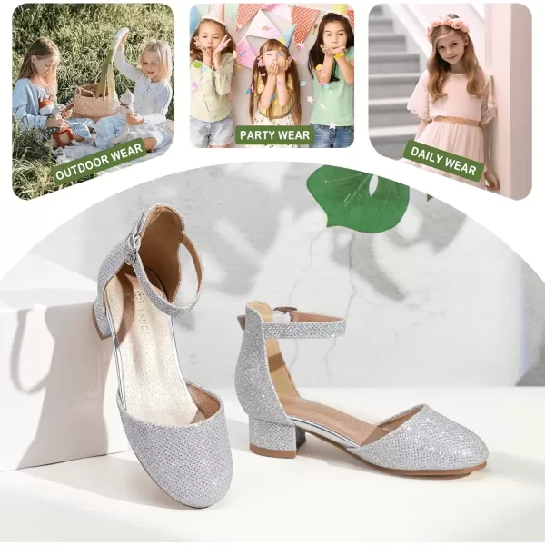 imagePANDANINJIA Girls Heels Dress Shoes Flower Girl Closed Toe Heels Ankle Strap Wedding Party School Miya Toddler Little Big Kid Pump ShoesSilver Glitter