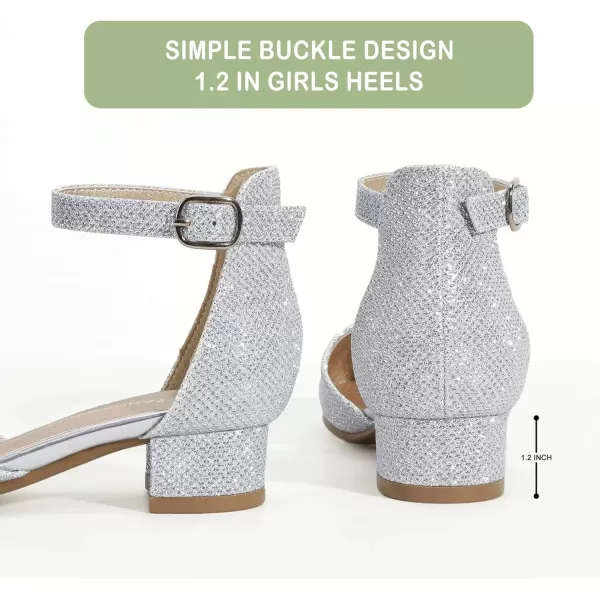 imagePANDANINJIA Girls Heels Dress Shoes Flower Girl Closed Toe Heels Ankle Strap Wedding Party School Miya Toddler Little Big Kid Pump ShoesSilver Glitter
