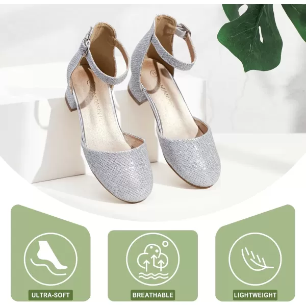 imagePANDANINJIA Girls Heels Dress Shoes Flower Girl Closed Toe Heels Ankle Strap Wedding Party School Miya Toddler Little Big Kid Pump ShoesSilver Glitter