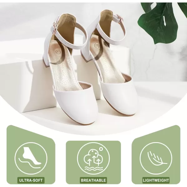imagePANDANINJIA Girls Heels Dress Shoes Flower Girl Closed Toe Heels Ankle Strap Wedding Party School Miya Toddler Little Big Kid Pump ShoesWhite Pu