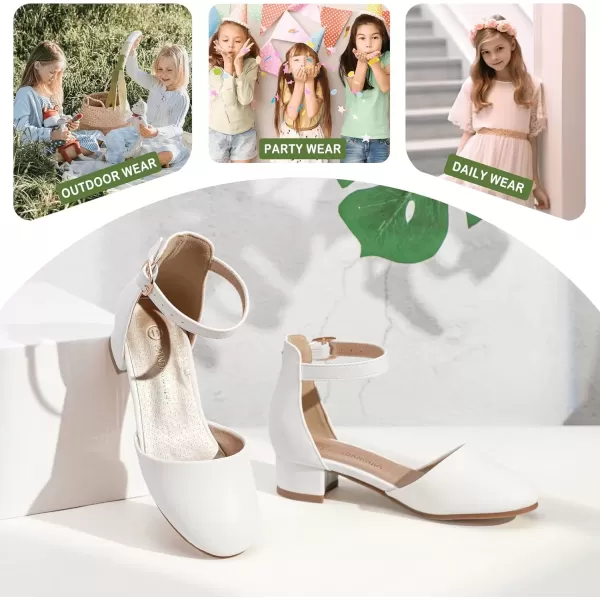 imagePANDANINJIA Girls Heels Dress Shoes Flower Girl Closed Toe Heels Ankle Strap Wedding Party School Miya Toddler Little Big Kid Pump ShoesWhite Pu