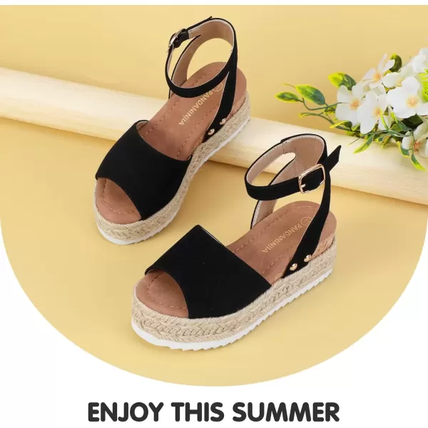 imagePANDANINJIA Girls Sandals Flatform Wedge Open Toe Summer Shoes Little Big Kid Flower Girl Heels Dress ShoesBlack Nubuck