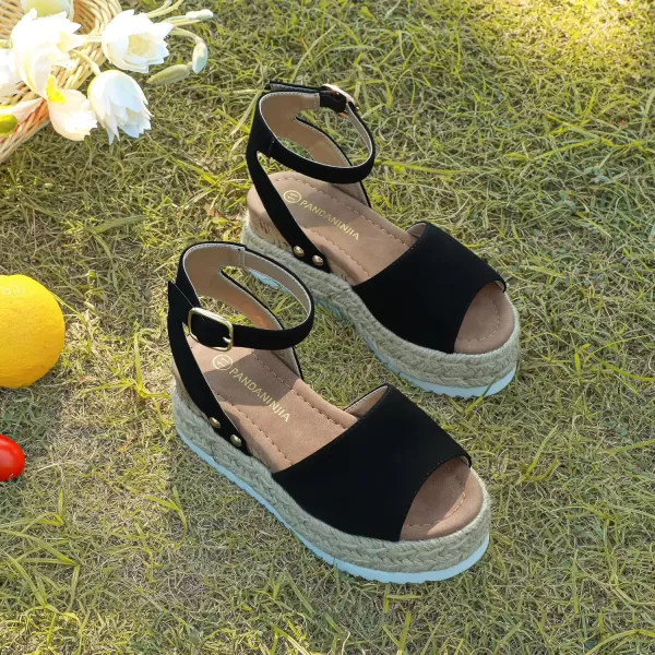 imagePANDANINJIA Girls Sandals Flatform Wedge Open Toe Summer Shoes Little Big Kid Flower Girl Heels Dress ShoesBlack Nubuck
