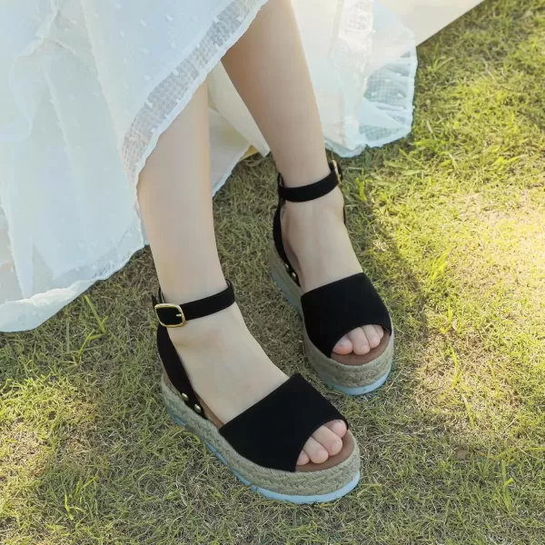imagePANDANINJIA Girls Sandals Flatform Wedge Open Toe Summer Shoes Little Big Kid Flower Girl Heels Dress ShoesBlack Nubuck