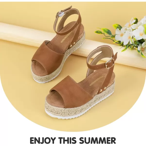 imagePANDANINJIA Girls Sandals Flatform Wedge Open Toe Summer Shoes Little Big Kid Flower Girl Heels Dress ShoesBrown Nubuck