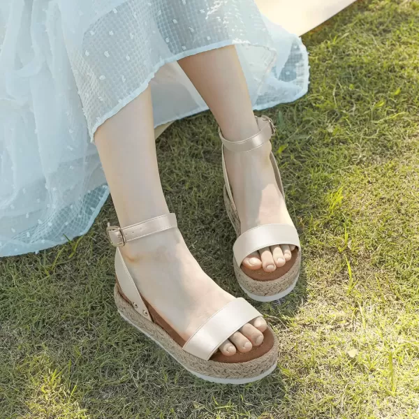 imagePANDANINJIA Girls Sandals Flatform Wedge Open Toe Summer Shoes Little Big Kid Flower Girl Heels Dress ShoesChampagne Pu