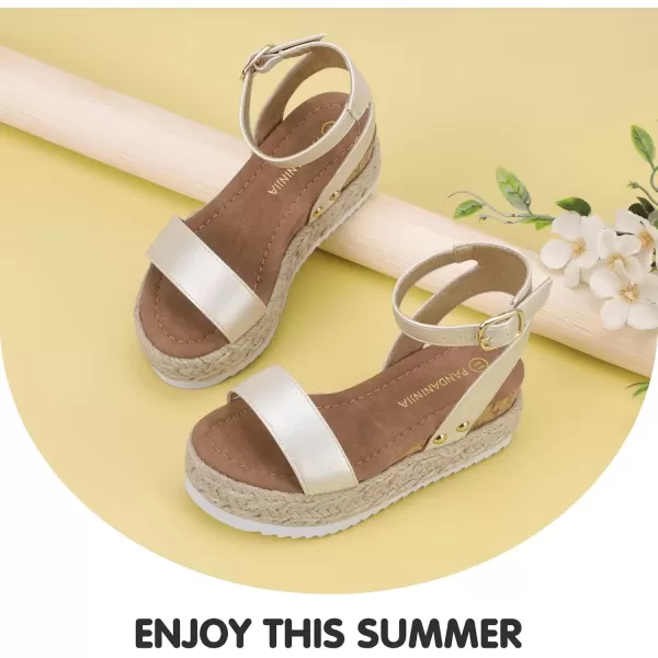 imagePANDANINJIA Girls Sandals Flatform Wedge Open Toe Summer Shoes Little Big Kid Flower Girl Heels Dress ShoesChampagne Pu