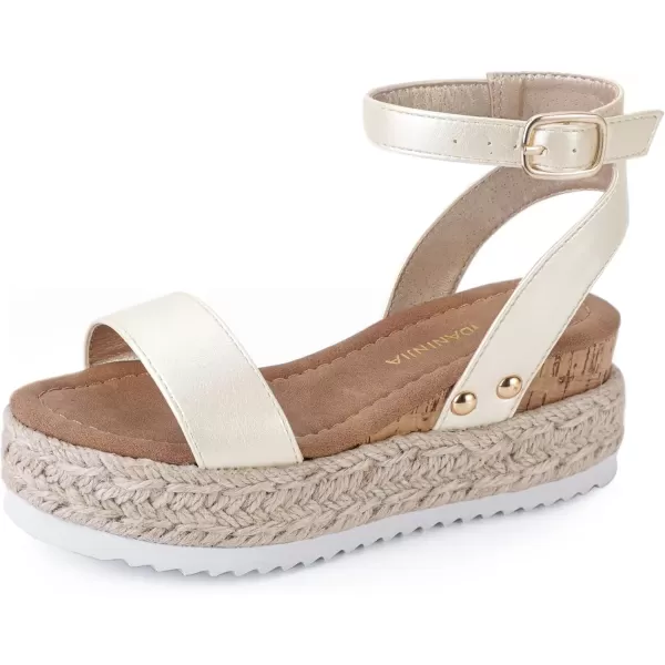 imagePANDANINJIA Girls Sandals Flatform Wedge Open Toe Summer Shoes Little Big Kid Flower Girl Heels Dress ShoesChampagne Pu