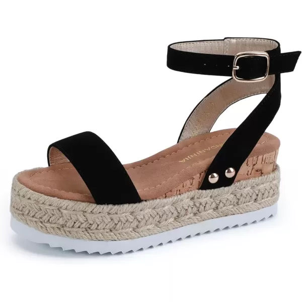 imagePANDANINJIA Girls Sandals Flatform Wedge Open Toe Summer Shoes Little Big Kid Flower Girl Heels Dress ShoesK Black Nubuck