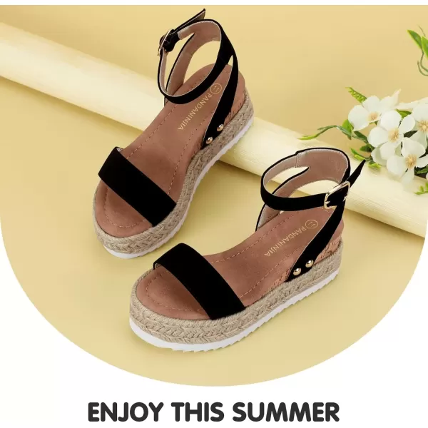 imagePANDANINJIA Girls Sandals Flatform Wedge Open Toe Summer Shoes Little Big Kid Flower Girl Heels Dress ShoesK Black Nubuck