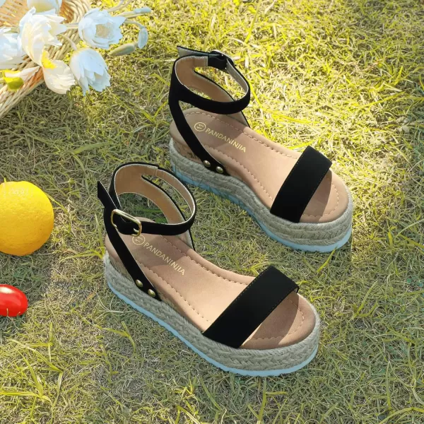 imagePANDANINJIA Girls Sandals Flatform Wedge Open Toe Summer Shoes Little Big Kid Flower Girl Heels Dress ShoesK Black Nubuck