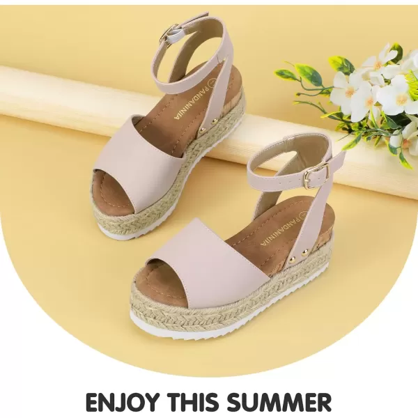imagePANDANINJIA Girls Sandals Flatform Wedge Open Toe Summer Shoes Little Big Kid Flower Girl Heels Dress ShoesNude Nubuck