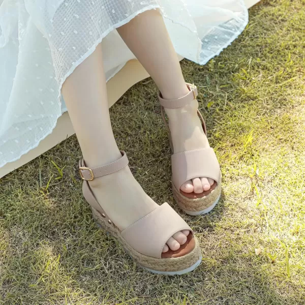 imagePANDANINJIA Girls Sandals Flatform Wedge Open Toe Summer Shoes Little Big Kid Flower Girl Heels Dress ShoesNude Nubuck