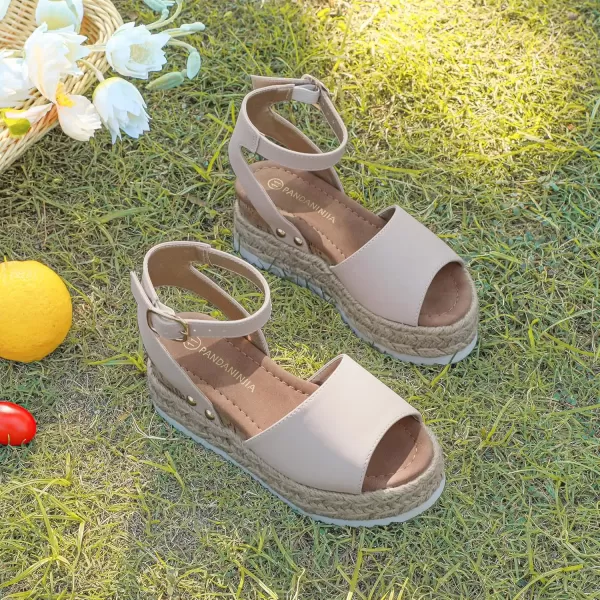 imagePANDANINJIA Girls Sandals Flatform Wedge Open Toe Summer Shoes Little Big Kid Flower Girl Heels Dress ShoesNude Nubuck