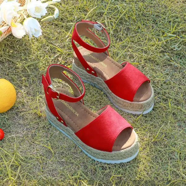 imagePANDANINJIA Girls Sandals Flatform Wedge Open Toe Summer Shoes Little Big Kid Flower Girl Heels Dress ShoesRed Suede
