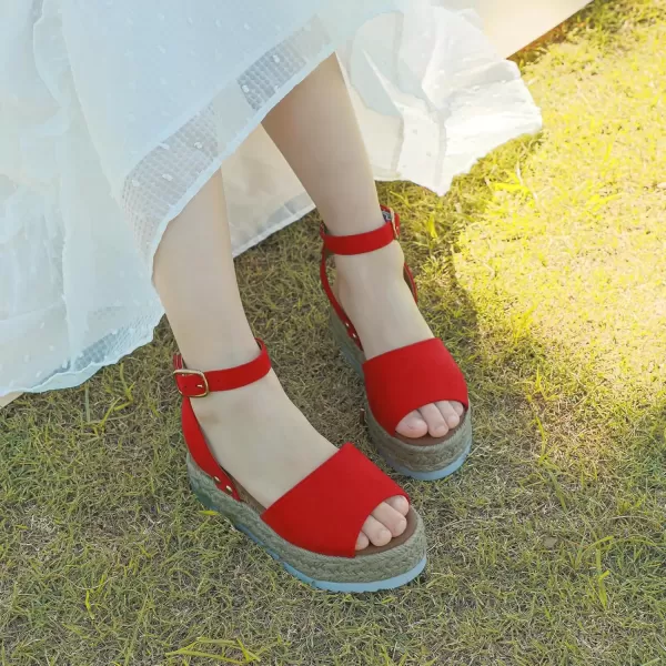 imagePANDANINJIA Girls Sandals Flatform Wedge Open Toe Summer Shoes Little Big Kid Flower Girl Heels Dress ShoesRed Suede