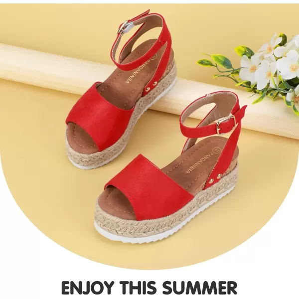 imagePANDANINJIA Girls Sandals Flatform Wedge Open Toe Summer Shoes Little Big Kid Flower Girl Heels Dress ShoesRed Suede