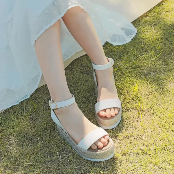imagePANDANINJIA Girls Sandals Flatform Wedge Open Toe Summer Shoes Little Big Kid Flower Girl Heels Dress ShoesWhite Pu