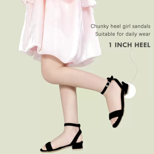 imagePANDANINJIA Girls Sandals Low Heels Dress Shoes Open Toe Flower Girl Wedding Party for Little Big Kid Dress SandalsBlacksuede