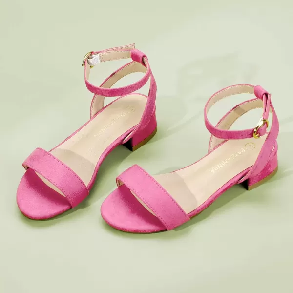 imagePANDANINJIA Girls Sandals Low Heels Dress Shoes Open Toe Flower Girl Wedding Party for Little Big Kid Dress SandalsHotpinksuede