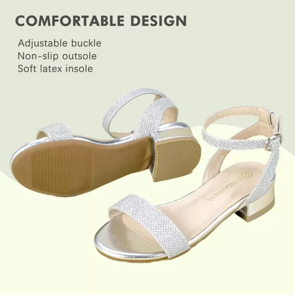 imagePANDANINJIA Girls Sandals Low Heels Dress Shoes Open Toe Flower Girl Wedding Party for Little Big Kid Dress SandalsSilver Glitter