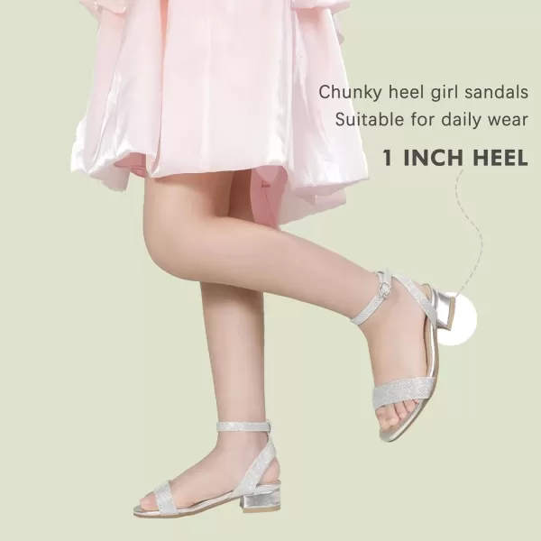 imagePANDANINJIA Girls Sandals Low Heels Dress Shoes Open Toe Flower Girl Wedding Party for Little Big Kid Dress SandalsSilver Glitter