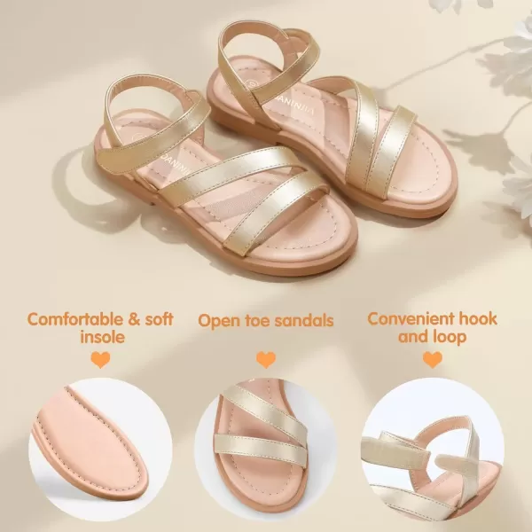 imagePANDANINJIA Girls Sandals Monica Summer Open Toe Flats Shoes Dress Sandals for Toddler Little Kid Big KidGold Pu