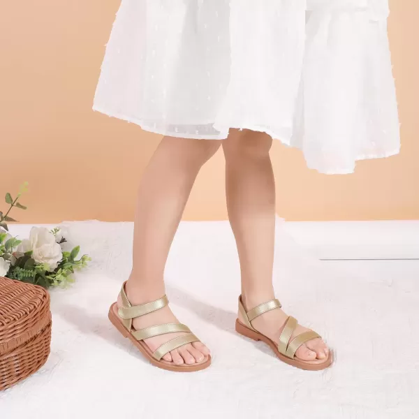 imagePANDANINJIA Girls Sandals Monica Summer Open Toe Flats Shoes Dress Sandals for Toddler Little Kid Big KidGold Pu