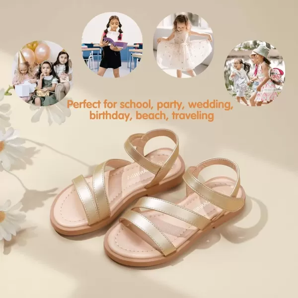 imagePANDANINJIA Girls Sandals Monica Summer Open Toe Flats Shoes Dress Sandals for Toddler Little Kid Big KidGold Pu