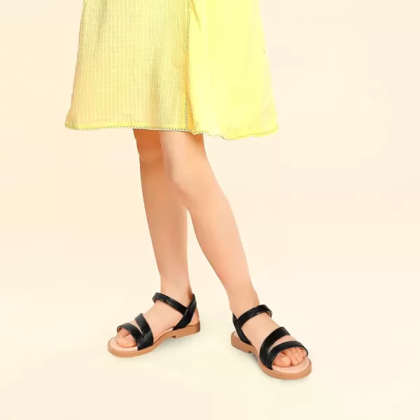 imagePANDANINJIA Girls Sandals Monica Summer Open Toe Flats Shoes Dress Sandals for Toddler Little Kid Big KidR Black Pu