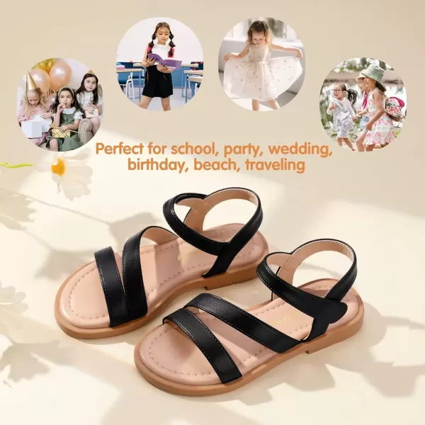 imagePANDANINJIA Girls Sandals Monica Summer Open Toe Flats Shoes Dress Sandals for Toddler Little Kid Big KidR Black Pu