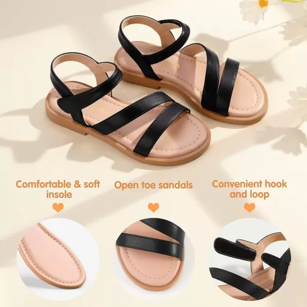 imagePANDANINJIA Girls Sandals Monica Summer Open Toe Flats Shoes Dress Sandals for Toddler Little Kid Big KidR Black Pu